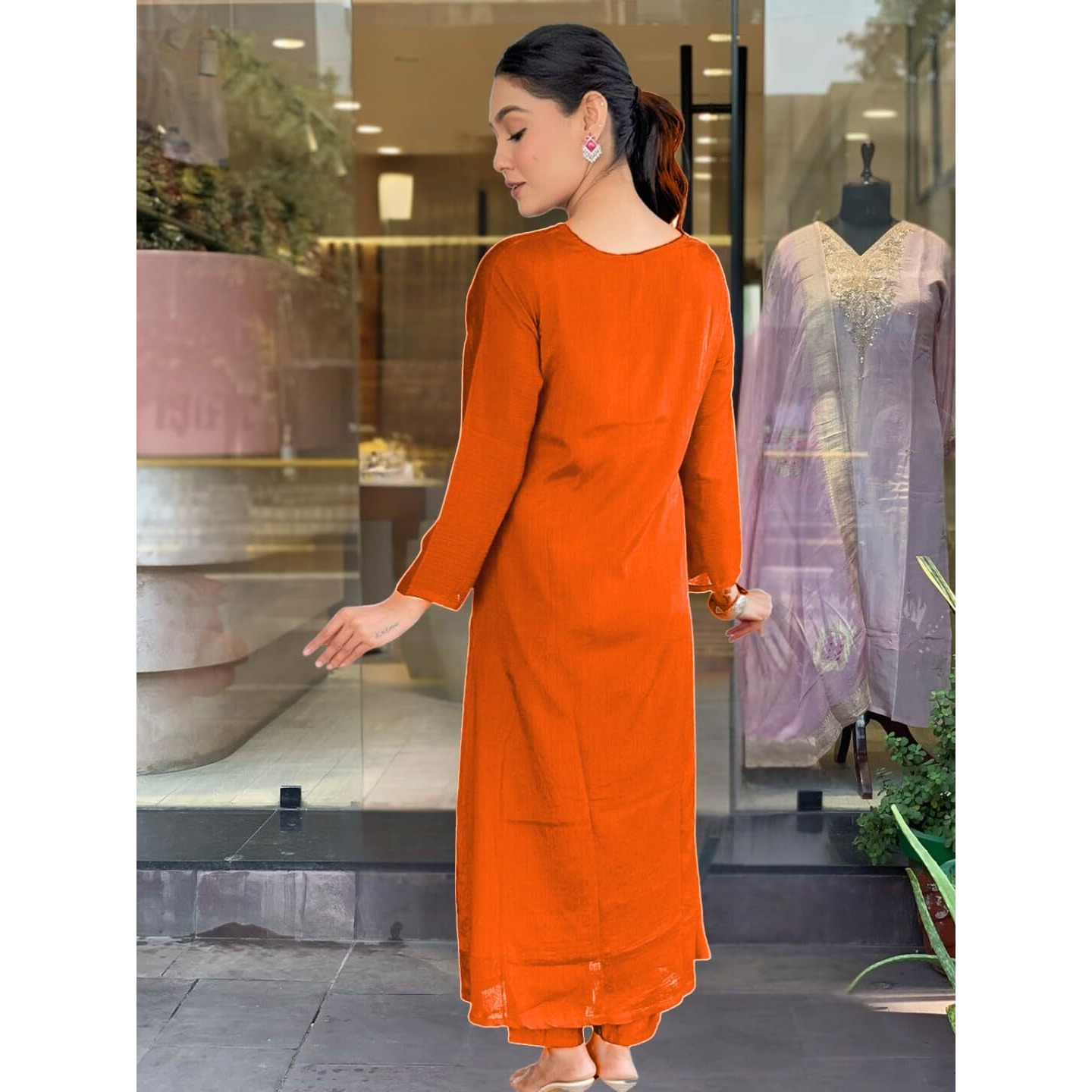 Naixa Women's Orange Silk Chiffon Embroidered Flared Kurta with Rayon Pant and Poly Chiffon Embroidered Dupatta Sets (NX-604-Orange-XL)