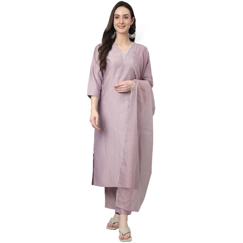 Janasya Women's Lavender Chinon Embellished Kurta with Pant and Dupatta(SET566-KR-NP-XS)