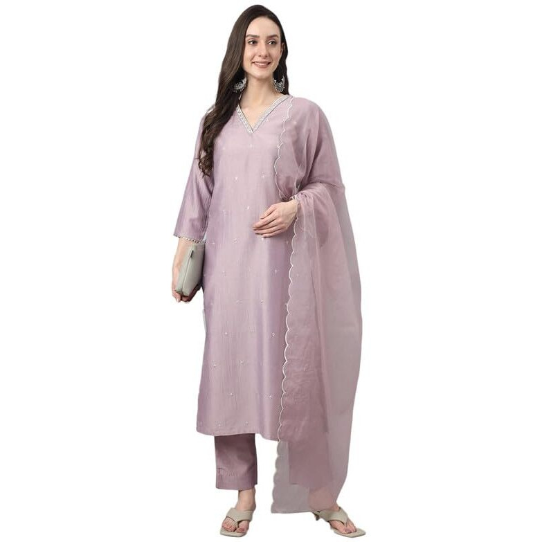 Janasya Women's Lavender Chinon Embellished Kurta with Pant and Dupatta(SET566-KR-NP-XS)