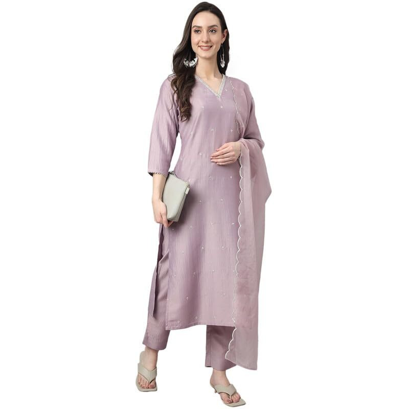 Janasya Women's Lavender Chinon Embellished Kurta with Pant and Dupatta(SET566-KR-NP-XS)