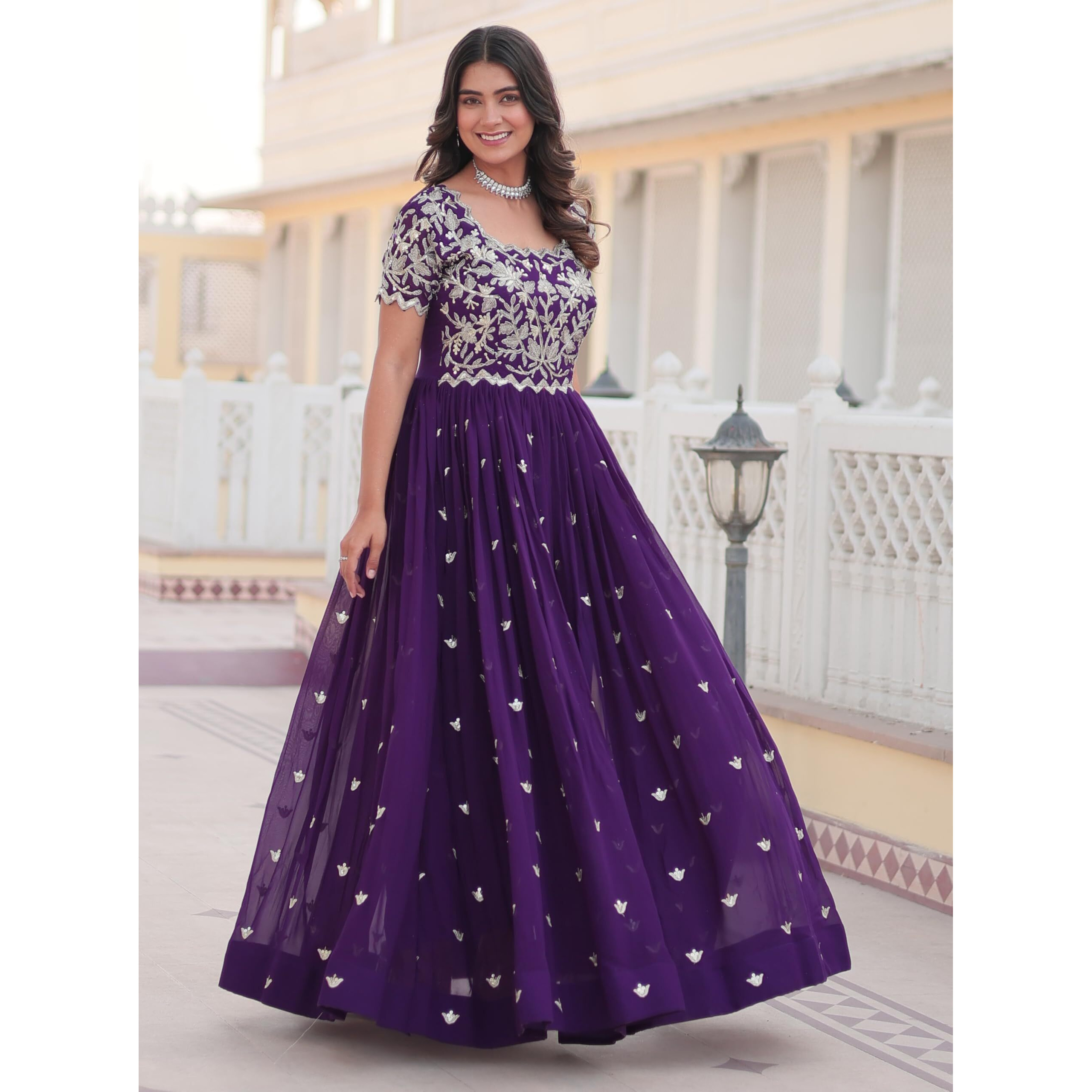 Fashion Basket Pink Anarkali Kurta Set with Embroidered Work for Women (in, Alpha, L, Regular, Standard, Purple)