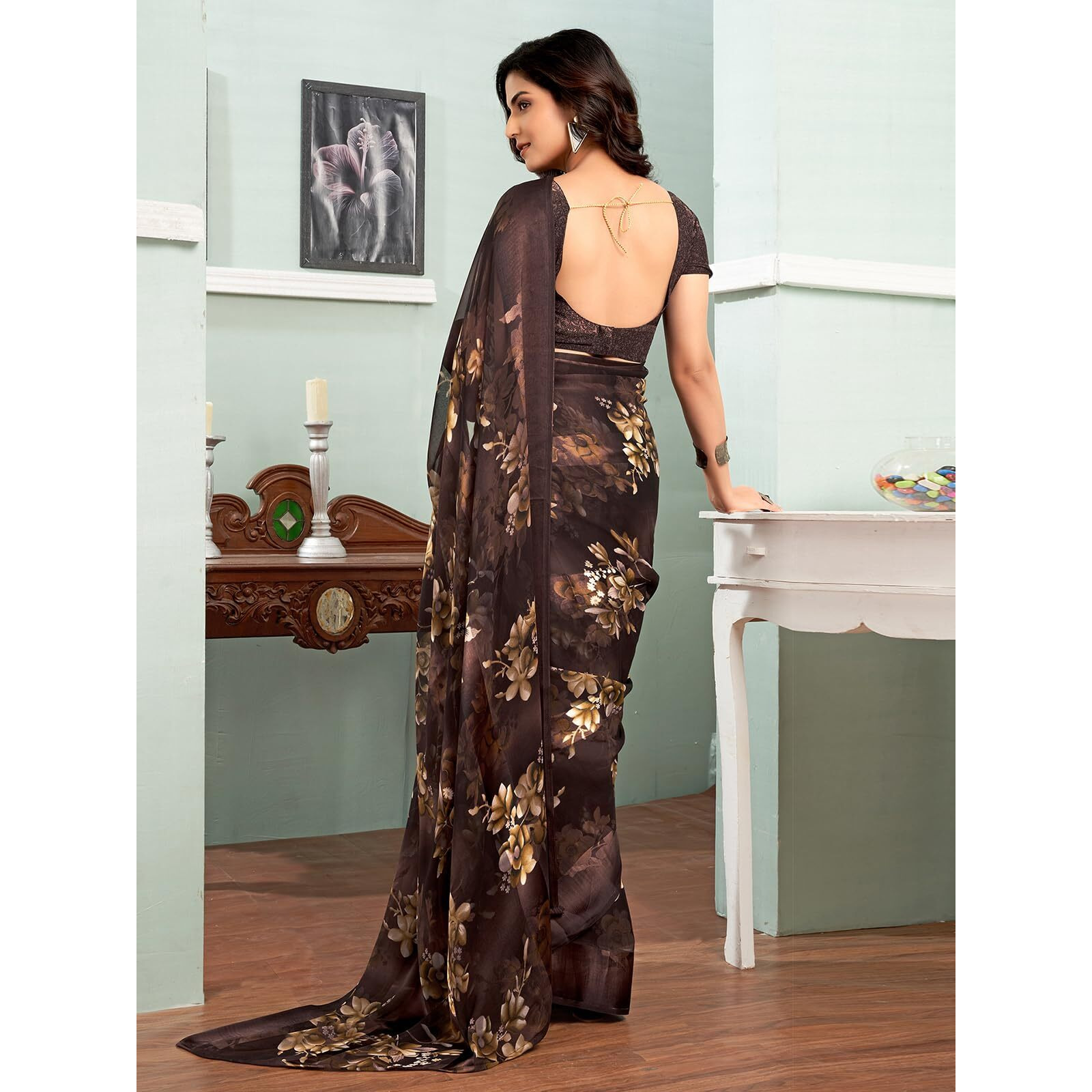 Satrani Women's Georgette Floral Printed Satin Stripe Saree with Unstitched Blouse Piece (3881S121N_Brown)