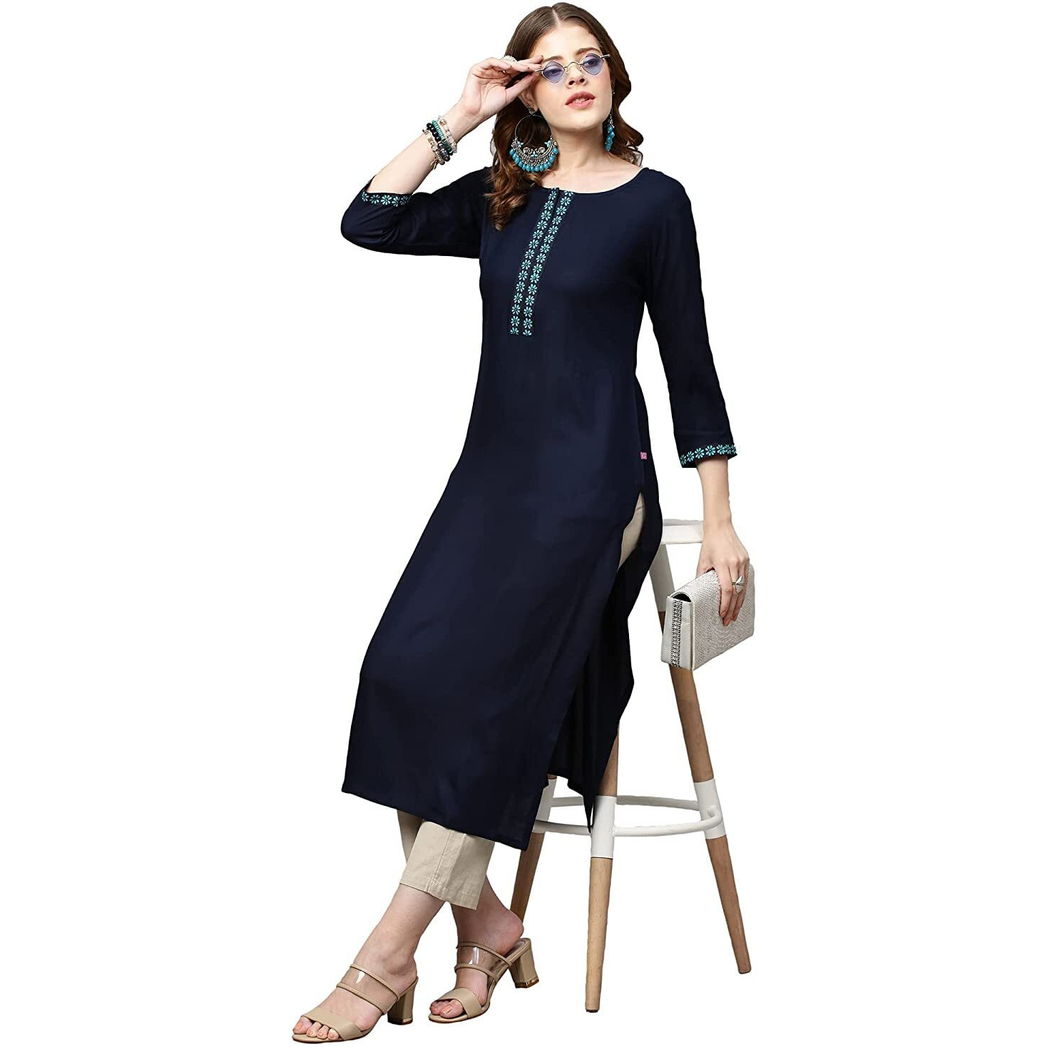 ANNI DESIGNER Women's Cotton Blend Solid Straight Kurta (Kissa Dark Blue_XL_Dark Blue_X-Large)