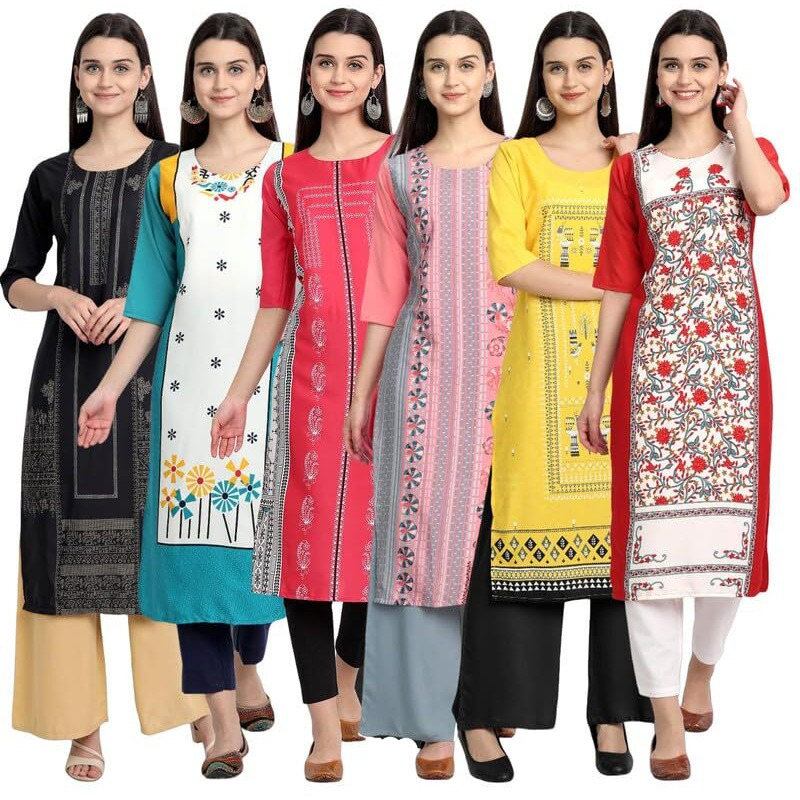 Pinkmint Elegant Printed Crepe Kurti's for Women's ll Fashionable Kurti ll Stright Round Neck Kurti (Pack of 6)