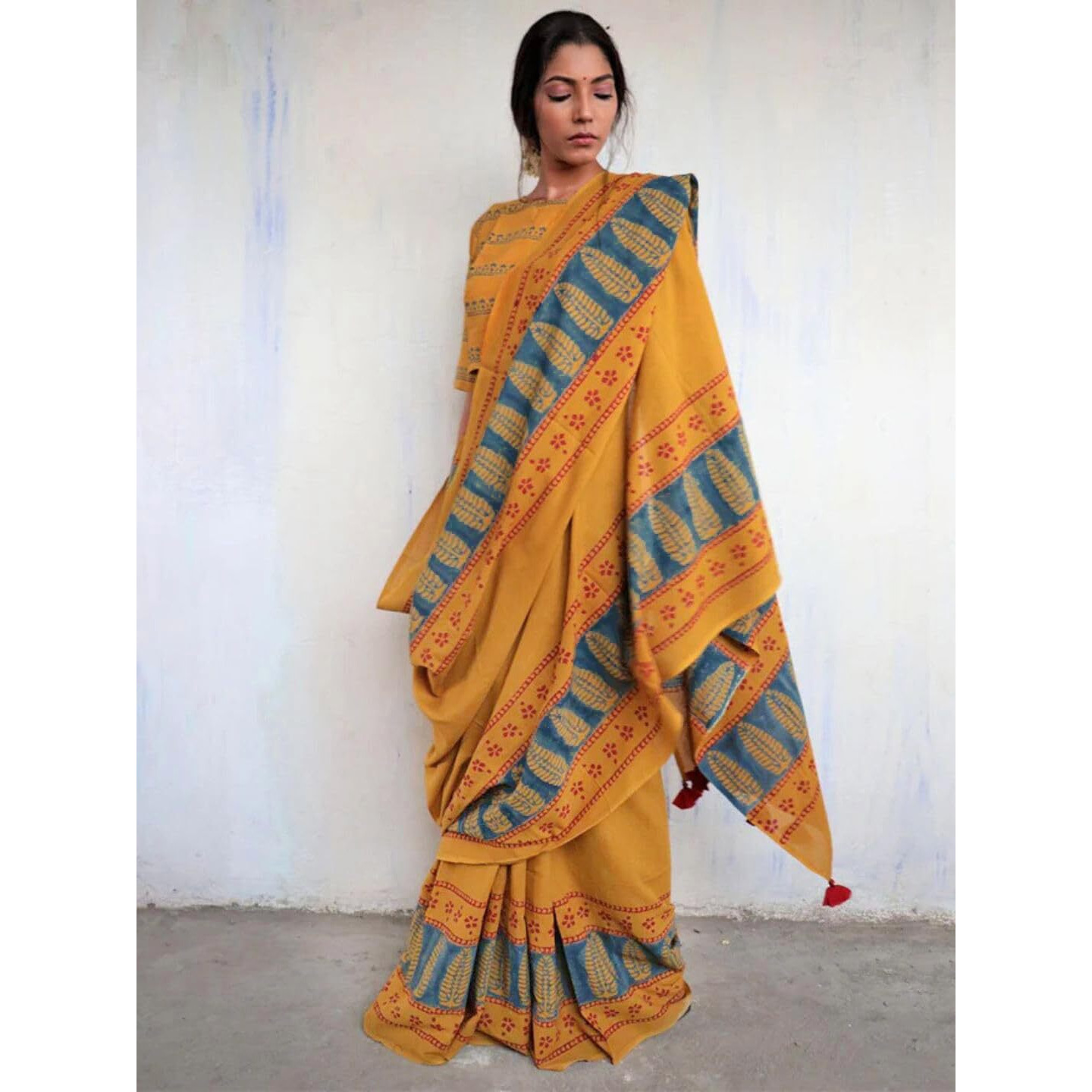Jaanvi fashion Women's Hand Block Print Mul Cotton Saree with Blouse Piece (sunshine-bloom-yellow)