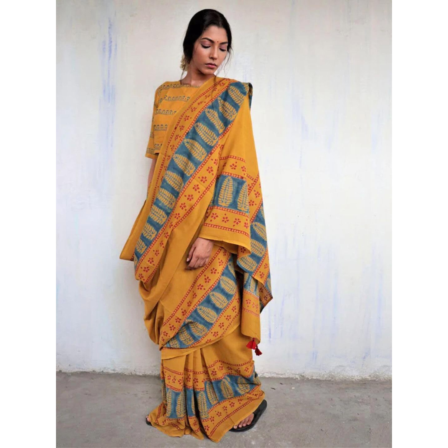 Jaanvi fashion Women's Hand Block Print Mul Cotton Saree with Blouse Piece (sunshine-bloom-yellow)
