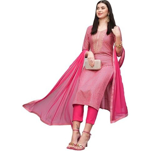 ANNI DESIGNER Women's Cotton Blend Straight Printed Kurta with Pant & Dupatta (DMPL RANI_L_Pink_Large)