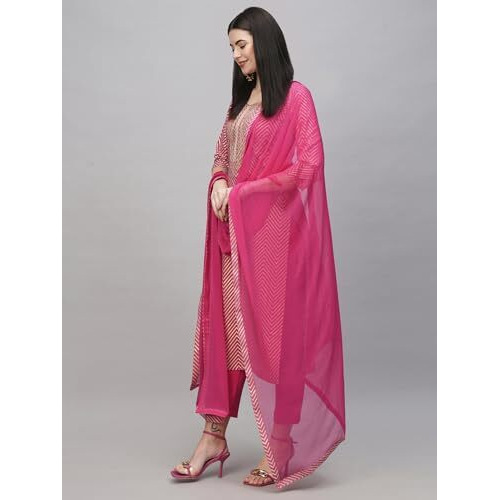 ANNI DESIGNER Women's Cotton Blend Straight Printed Kurta with Pant & Dupatta (DMPL RANI_L_Pink_Large)