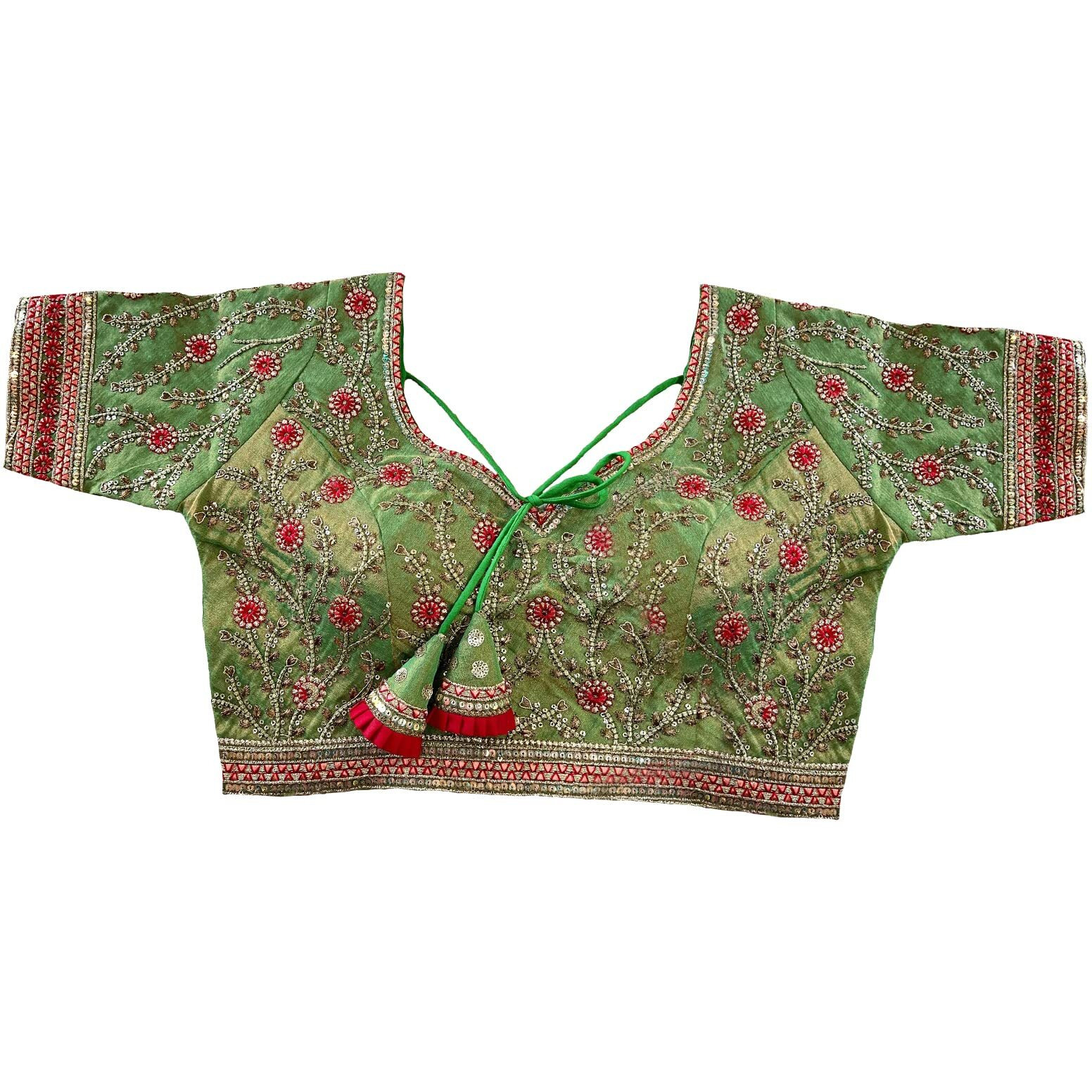 Pujia Mills Women's Milan Silk Embroidered with Sequins Work Half Sleeve Blouse (Indra Parrot Green 42)