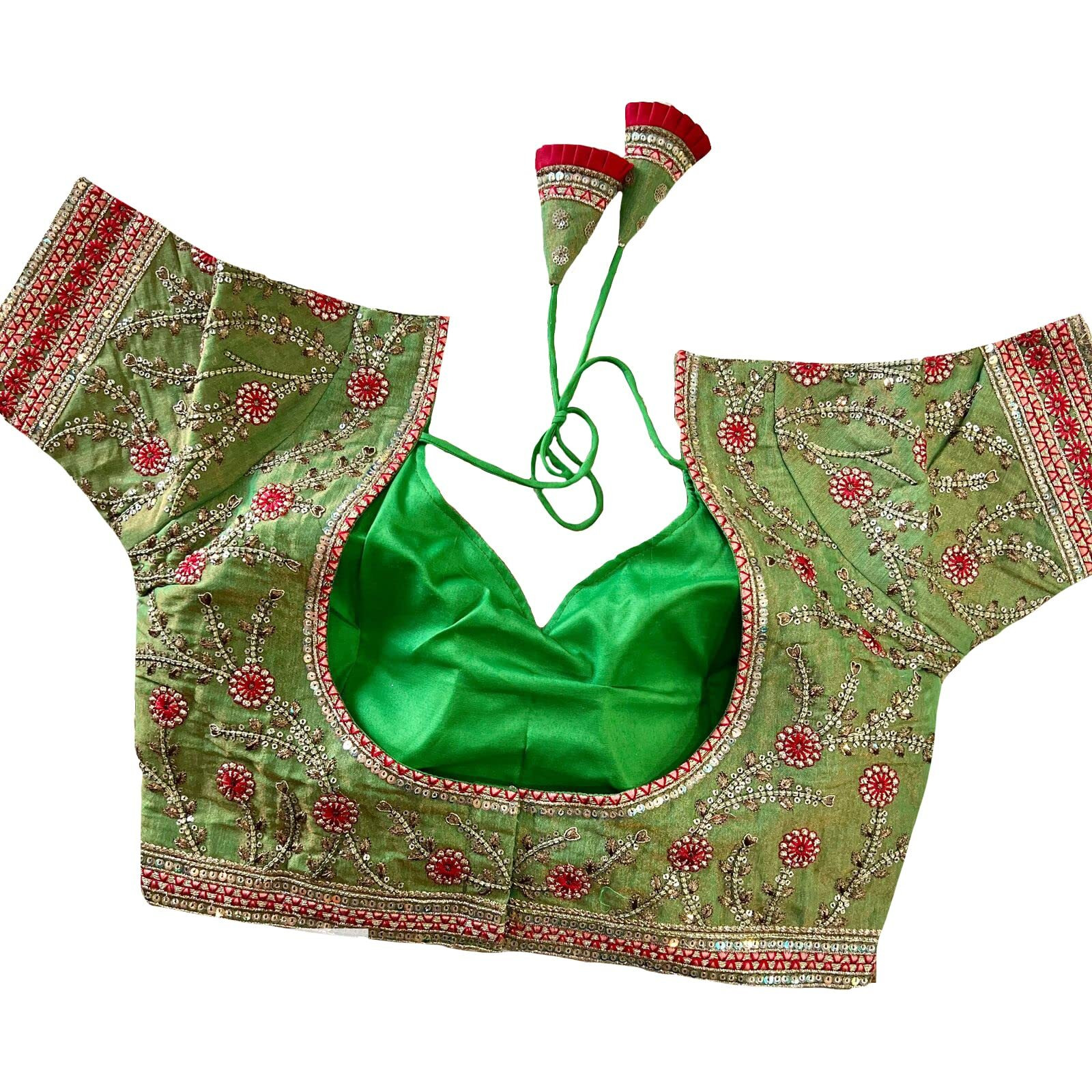 Pujia Mills Women's Milan Silk Embroidered with Sequins Work Half Sleeve Blouse (Indra Parrot Green 42)