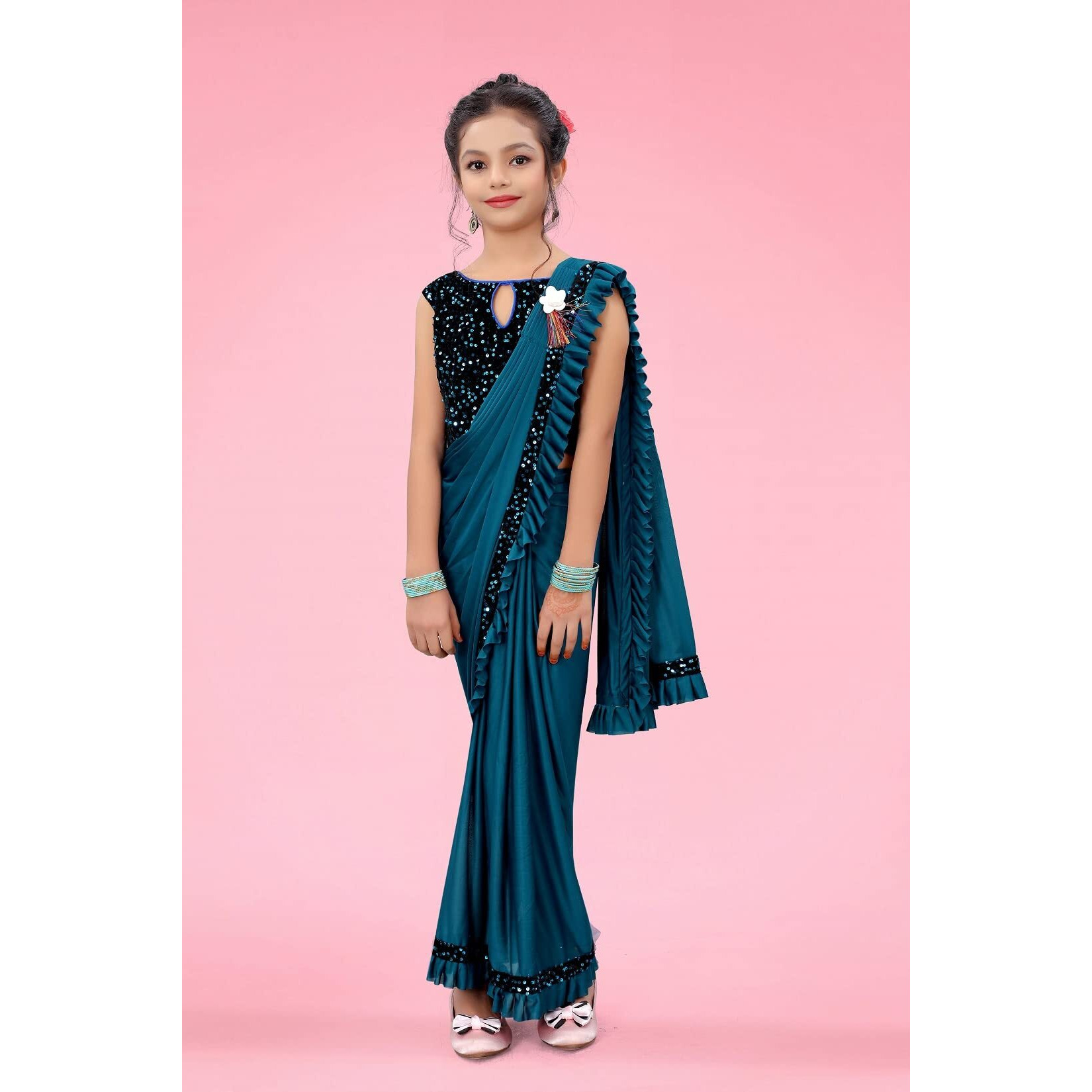 Dhyey fashion Girls Lycra Blend Ruffle Pattern Saree With Velvet Unstitched Blouse Piece