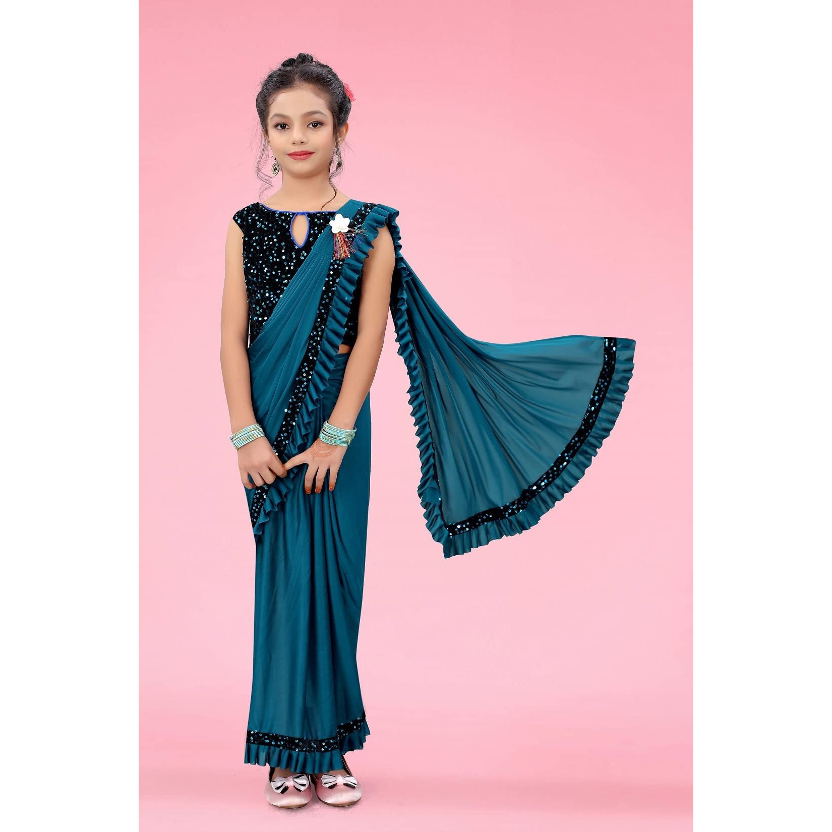 Dhyey fashion Girls Lycra Blend Ruffle Pattern Saree With Velvet Unstitched Blouse Piece