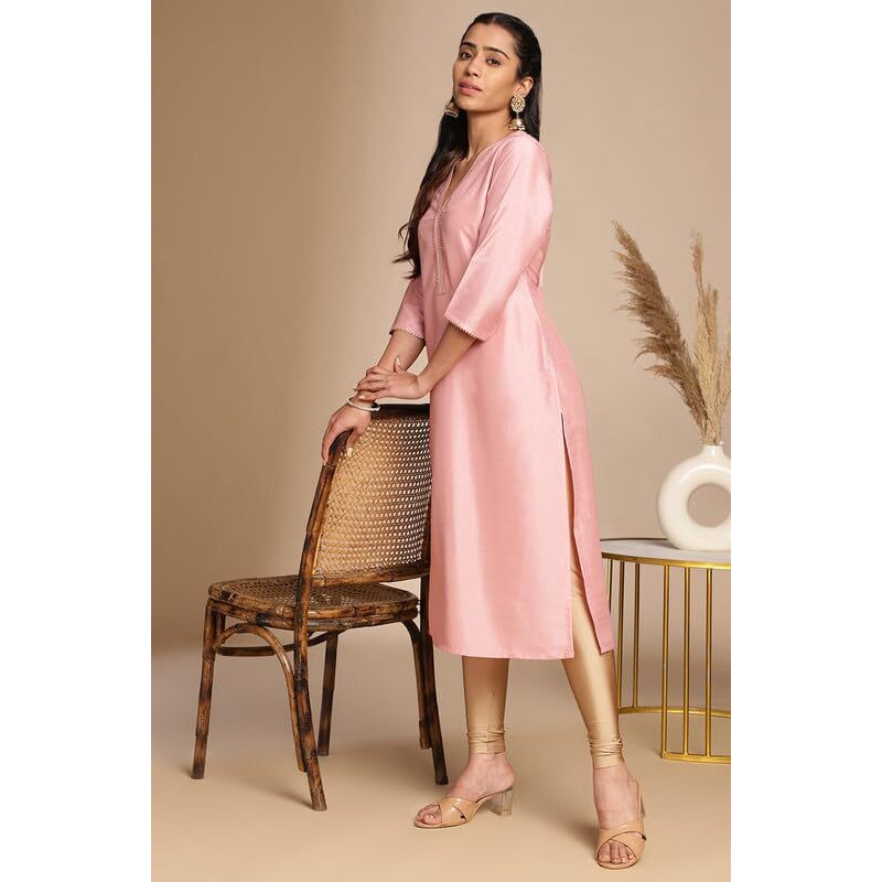 Janasya Women's Pink Crepe Silk Solid Straight Kurta (JAC24KR00095-J-XXL)