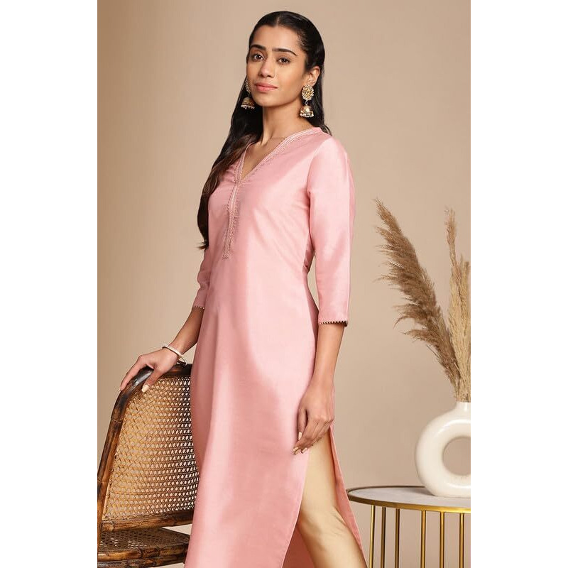 Janasya Women's Pink Crepe Silk Solid Straight Kurta (JAC24KR00095-J-XXL)