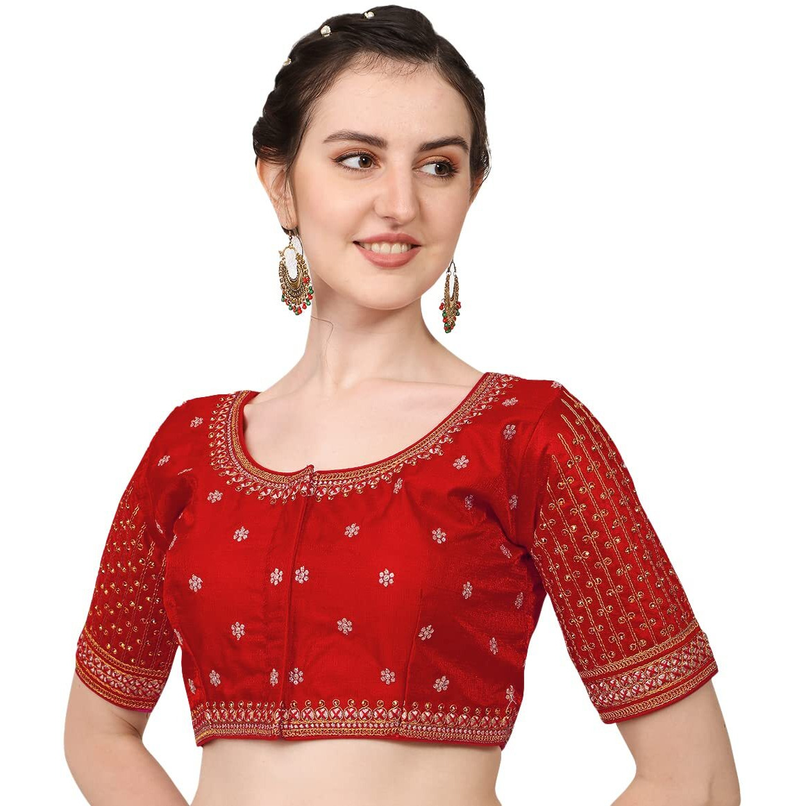 Pujia Mills Women's Cobra Silk Embroidery Coding Stone Work Half Sleeve Saree Blouse