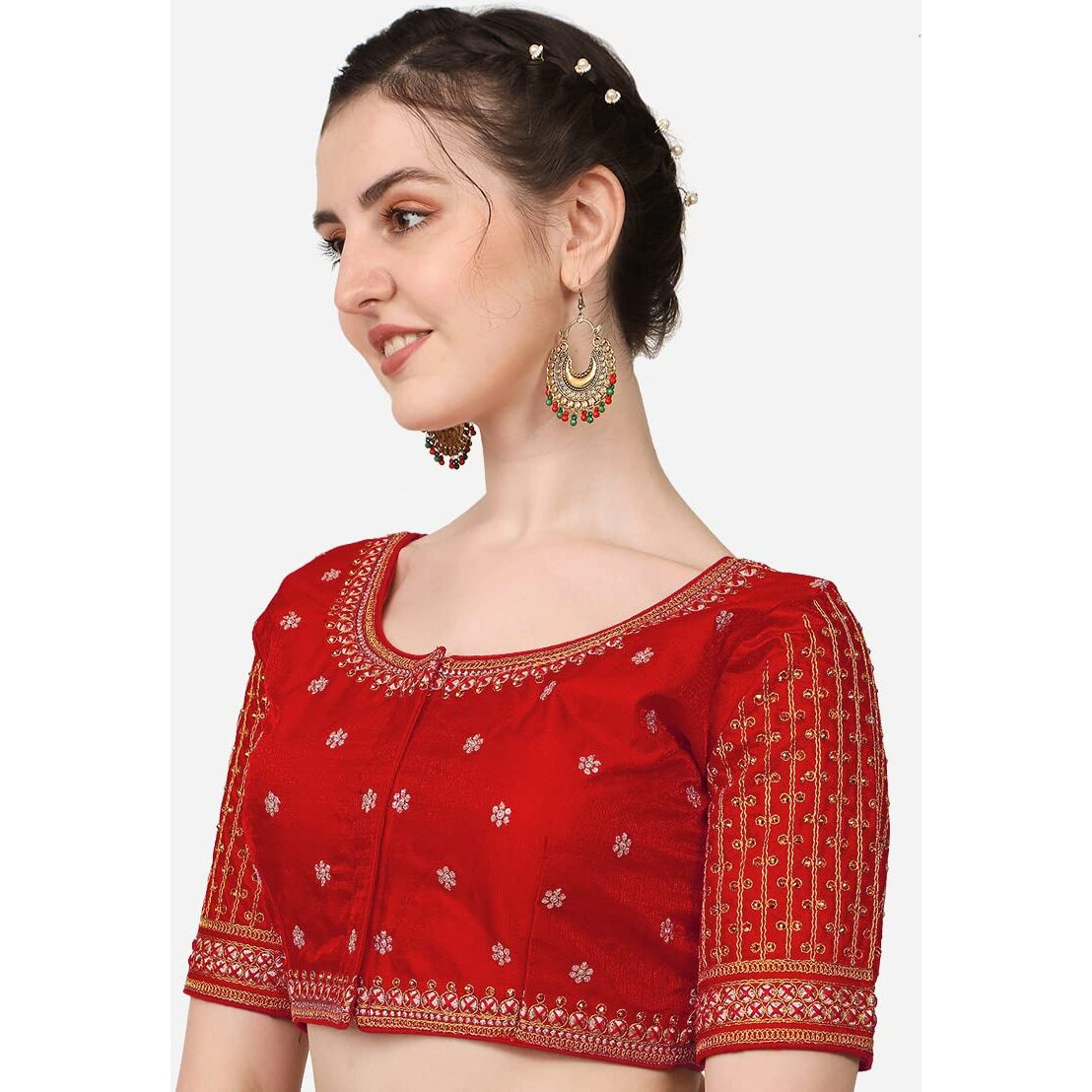 Pujia Mills Women's Cobra Silk Embroidery Coding Stone Work Half Sleeve Saree Blouse