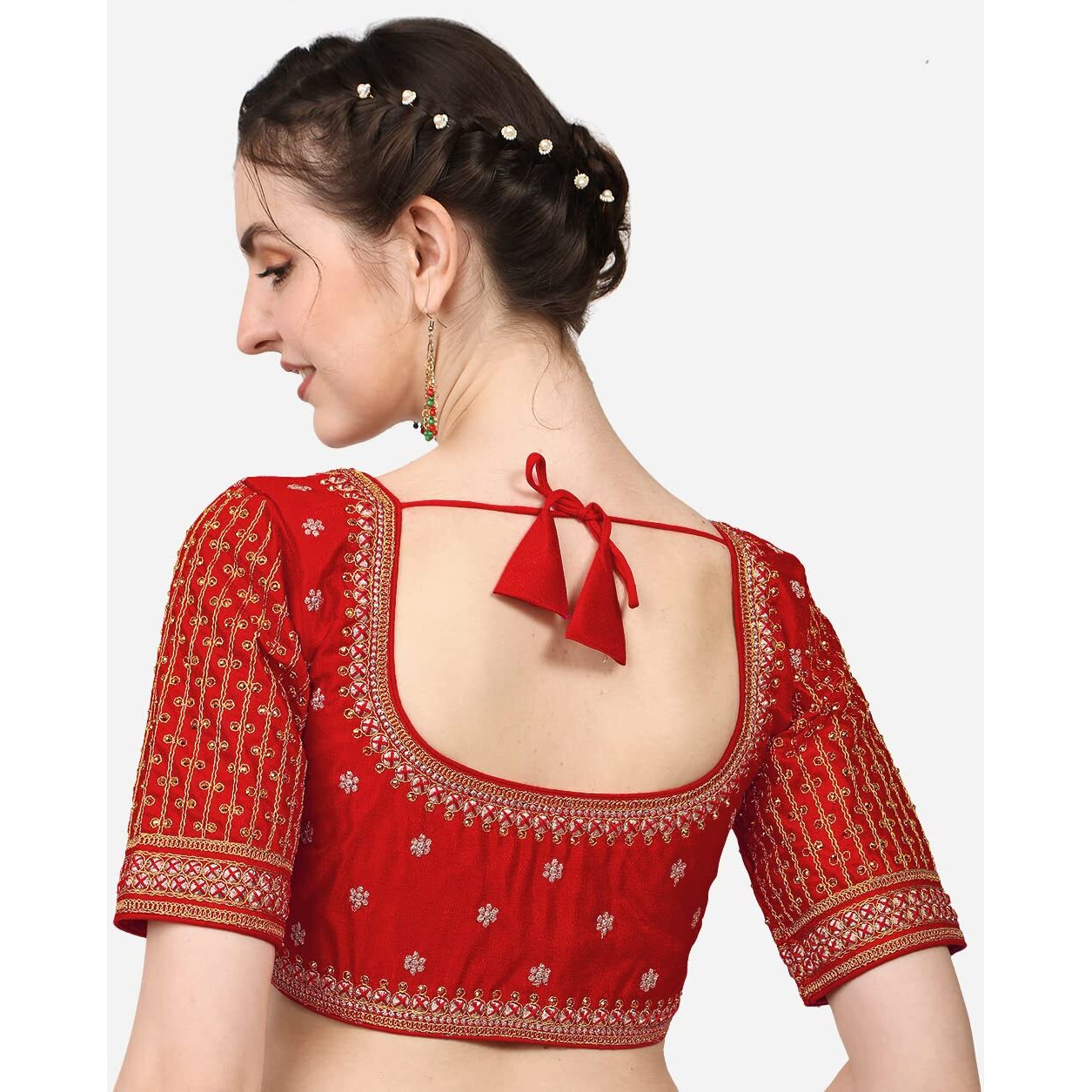 Pujia Mills Women's Cobra Silk Embroidery Coding Stone Work Half Sleeve Saree Blouse