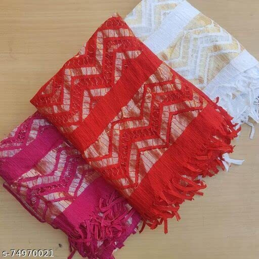 KEMZA Women's Zari Work Batik Surface Soft Silk Dupatta Combo (Pink-Red-White) Pack of 3