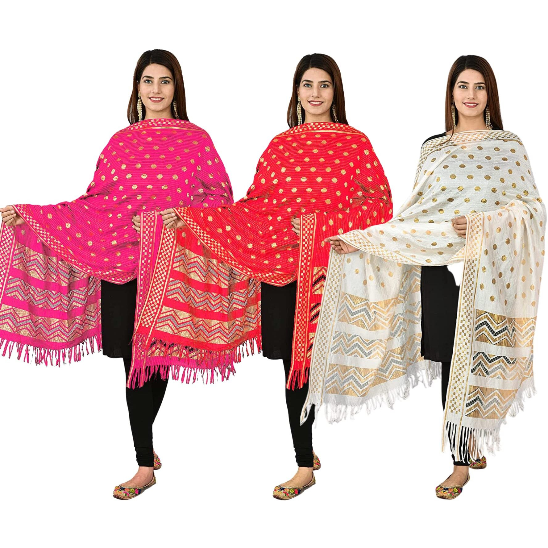 KEMZA Women's Zari Work Batik Surface Soft Silk Dupatta Combo (Pink-Red-White) Pack of 3