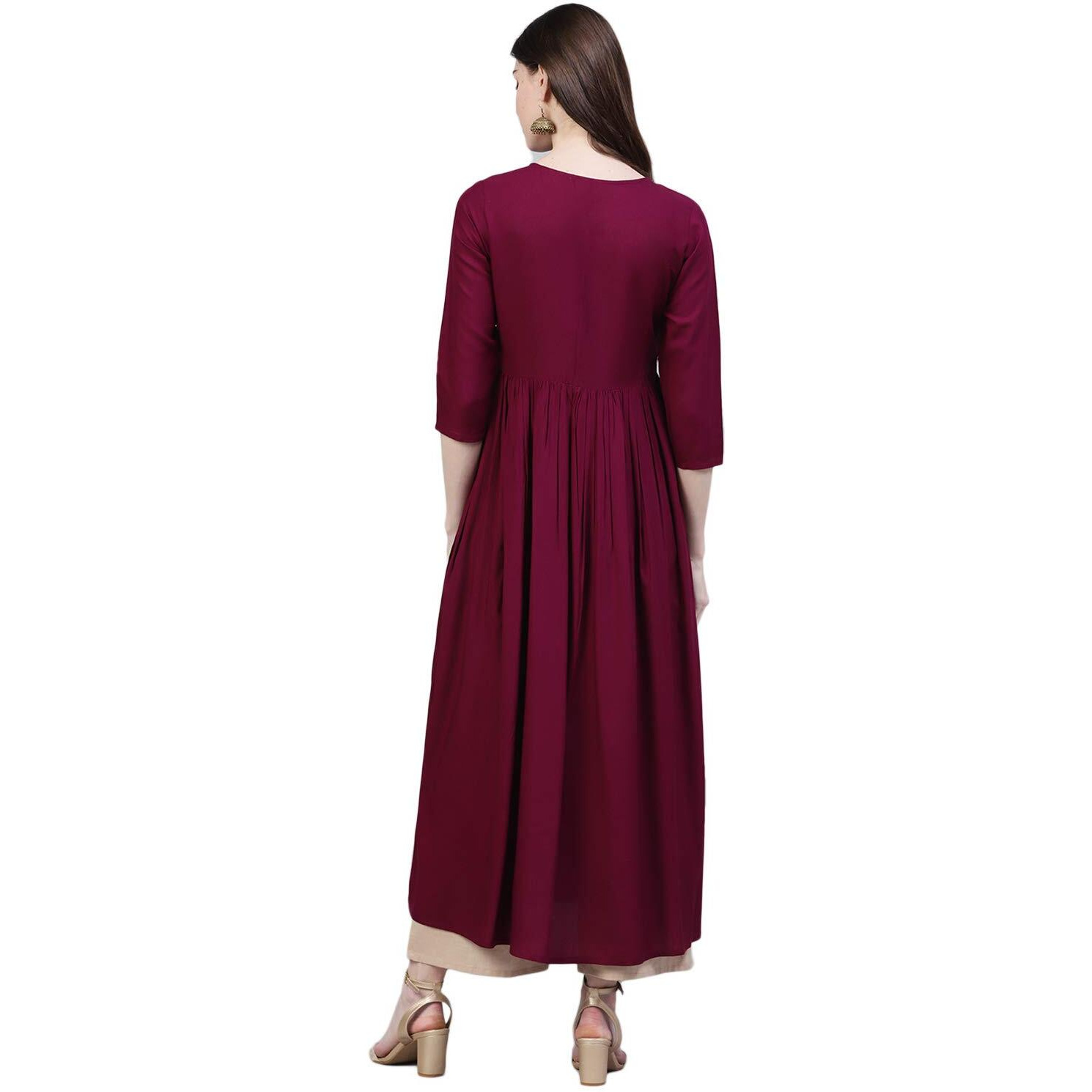 Stylum Women's Embroidered Rayon Flared Kurta (Noorwine36_Wine, S)