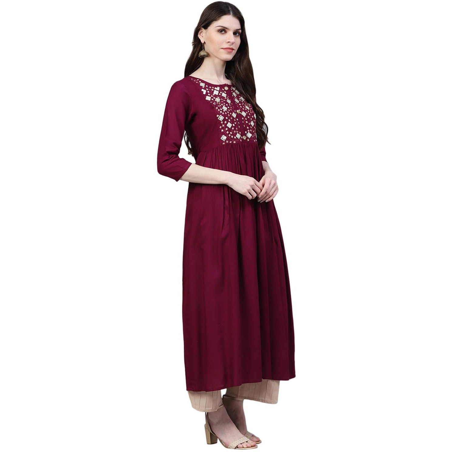 Stylum Women's Embroidered Rayon Flared Kurta (Noorwine36_Wine, S)