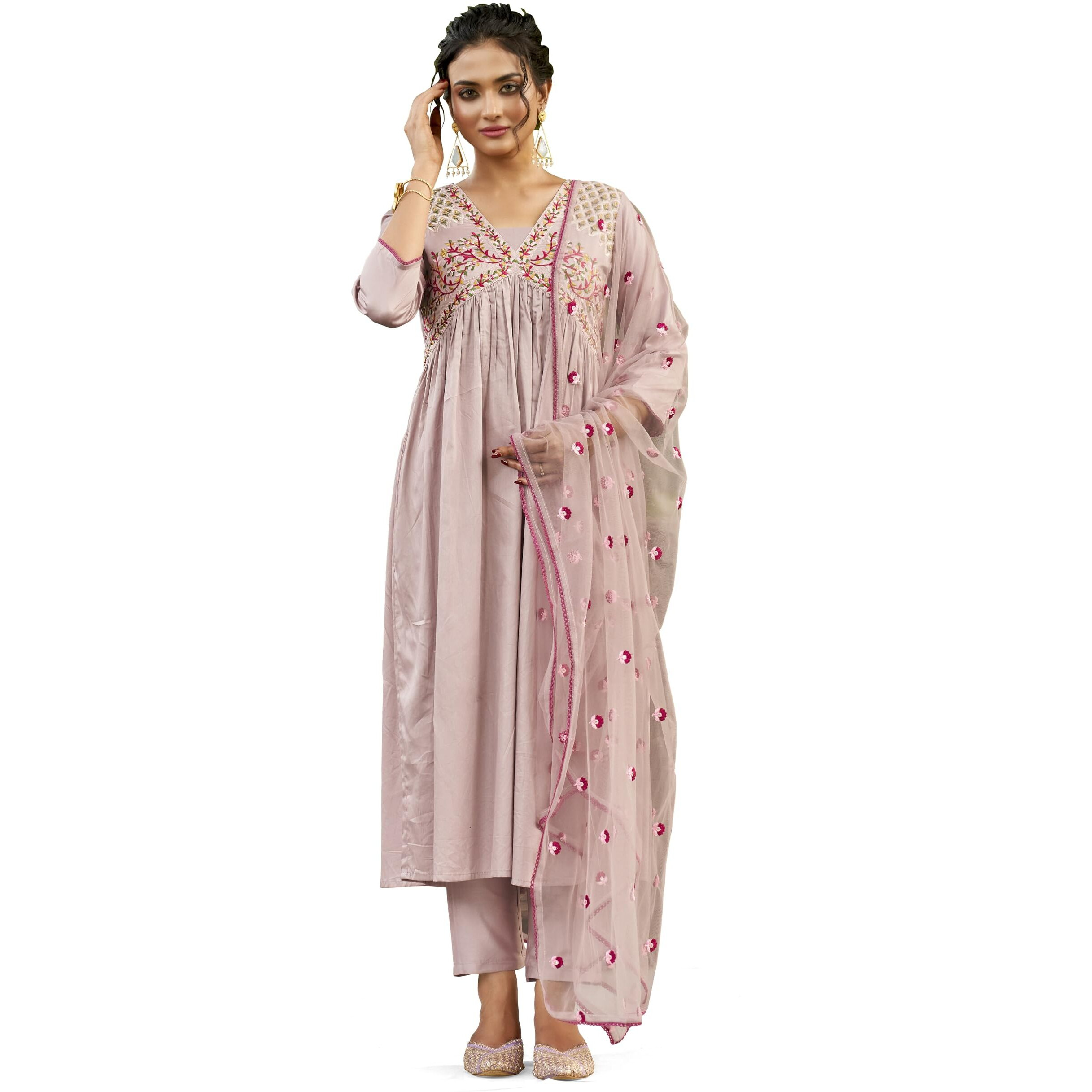 Womanista Cotton Blend Women's Floral Yoke Design Pleated Thread Work Mauve Kurta With Trousers & Dupatta(Kurtaset_1214_Xxl), Kurta Trouser With Dupatta Set