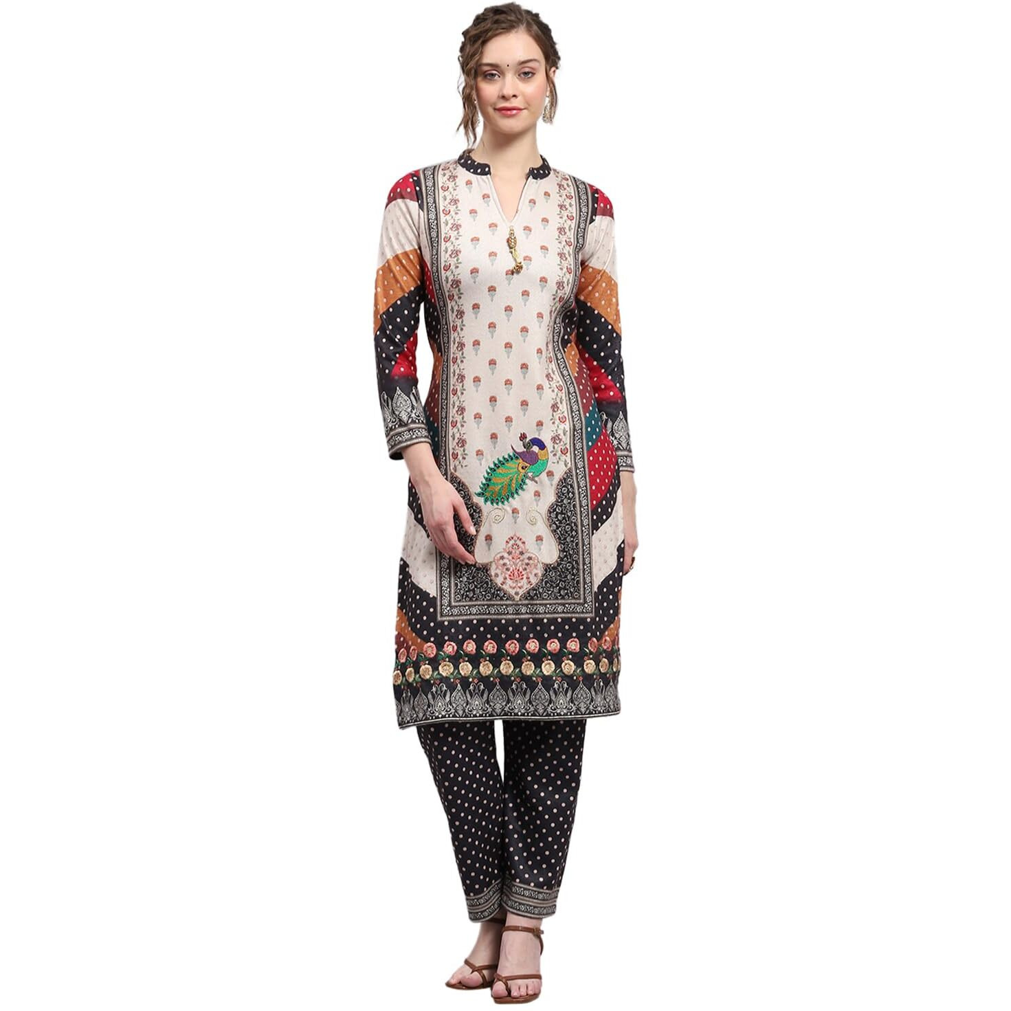 Monte Carlo Womens Printed Cream Round Neck 3/4th Sleeve Kurti Set (1243416KI-1-36)