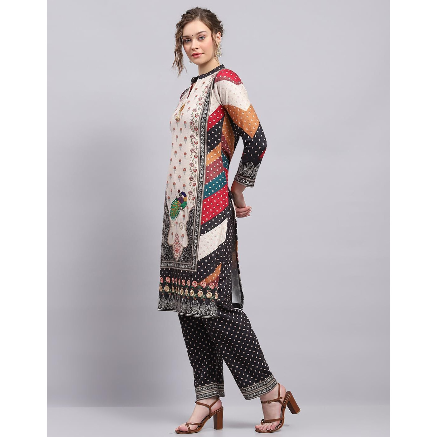 Monte Carlo Womens Printed Cream Round Neck 3/4th Sleeve Kurti Set (1243416KI-1-36)