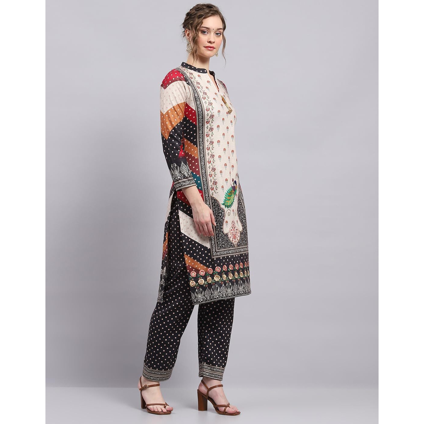 Monte Carlo Womens Printed Cream Round Neck 3/4th Sleeve Kurti Set (1243416KI-1-36)