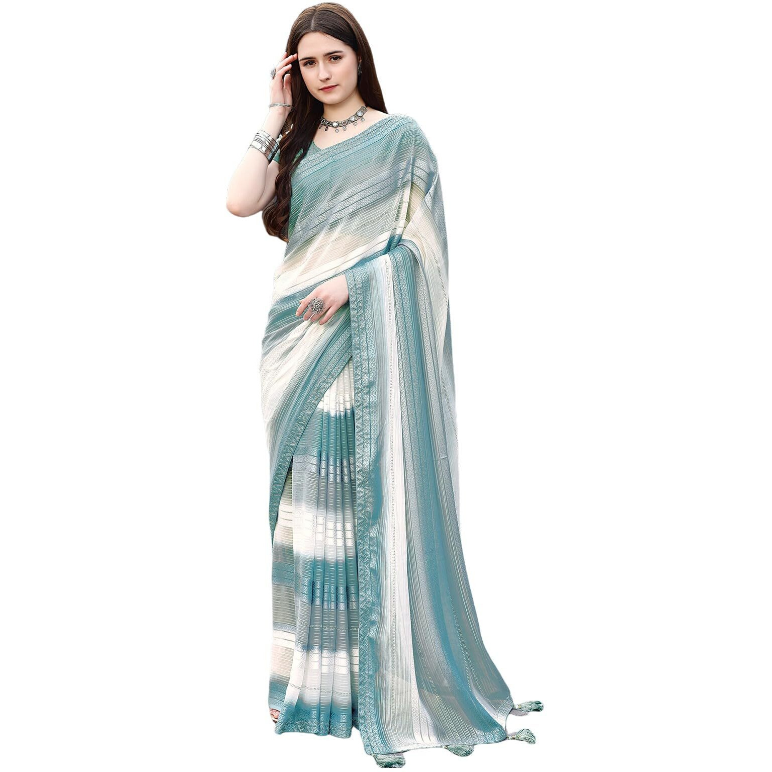 Satrani Women's Weightless Georgette Woven Zari Hot Fixing Printed Saree with Unstitched Blouse Piece (3493S313N_Dusty Teal Blue & Grey & White)