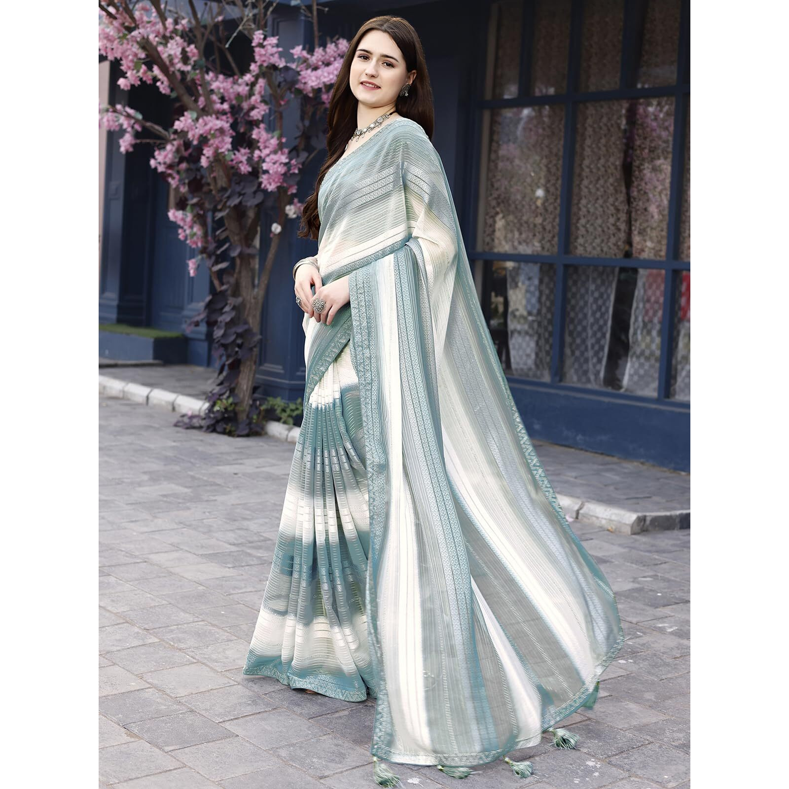 Satrani Women's Weightless Georgette Woven Zari Hot Fixing Printed Saree with Unstitched Blouse Piece (3493S313N_Dusty Teal Blue & Grey & White)