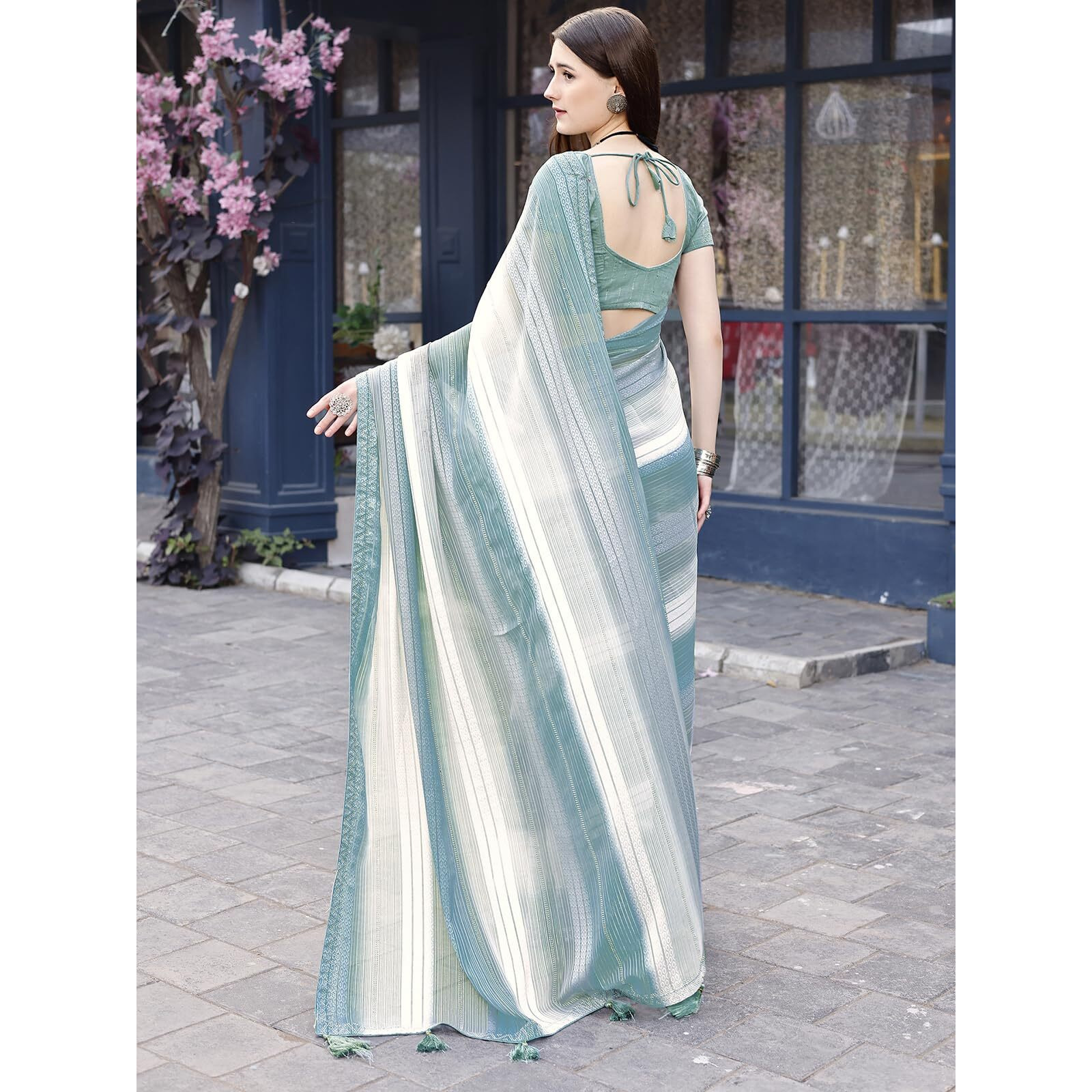 Satrani Women's Weightless Georgette Woven Zari Hot Fixing Printed Saree with Unstitched Blouse Piece (3493S313N_Dusty Teal Blue & Grey & White)