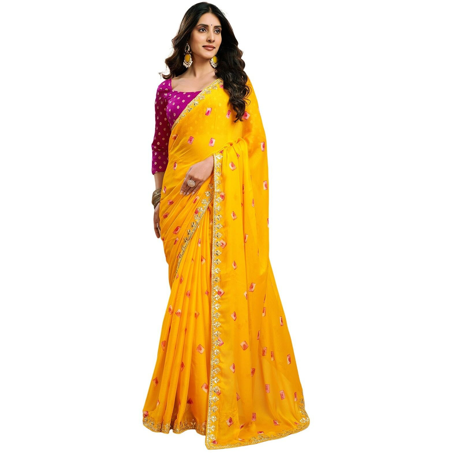 Satrani Women's Chiffon Bandhani Printed Saree with Unstitched Blouse Piece (4011S6286N_Yellow)