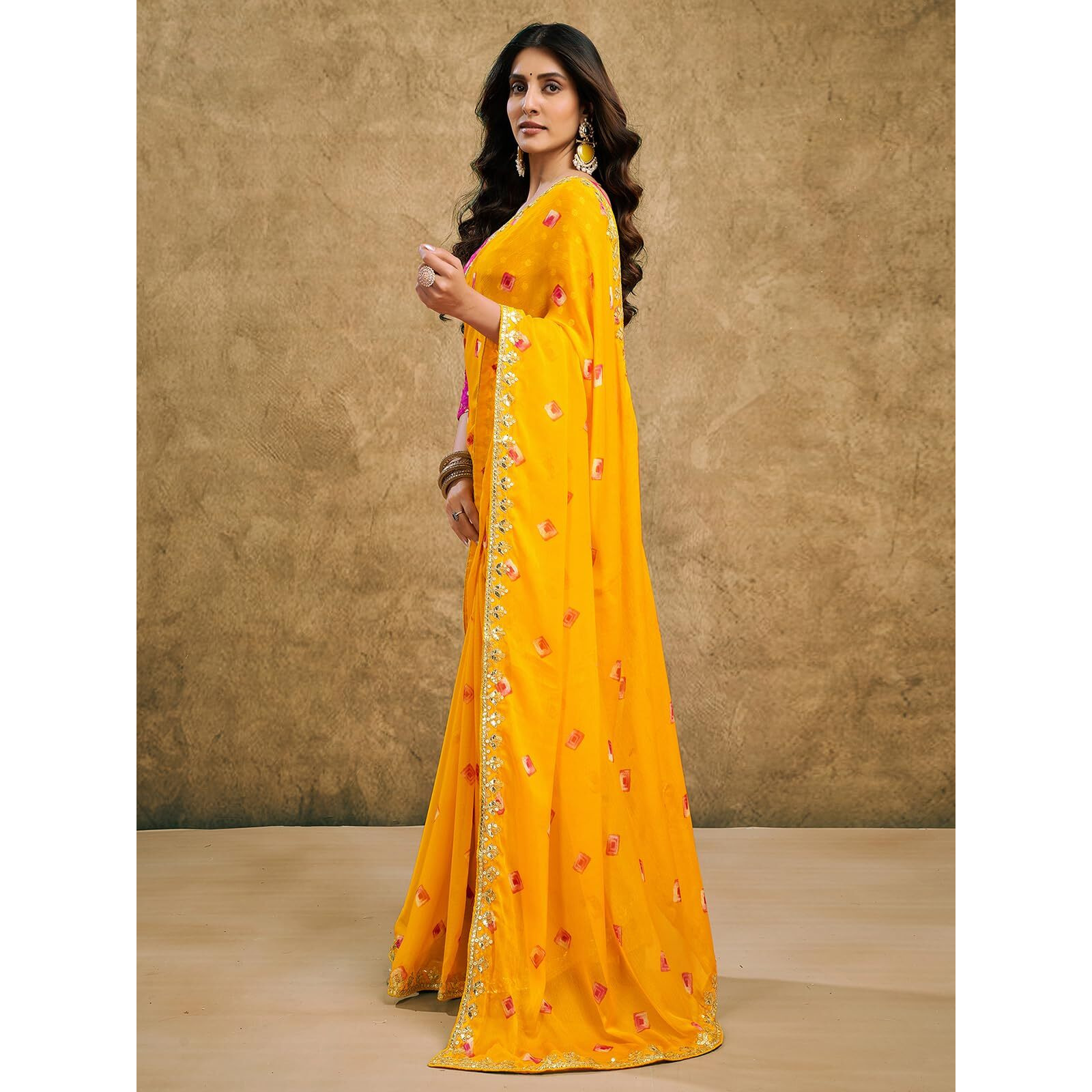 Satrani Women's Chiffon Bandhani Printed Saree with Unstitched Blouse Piece (4011S6286N_Yellow)