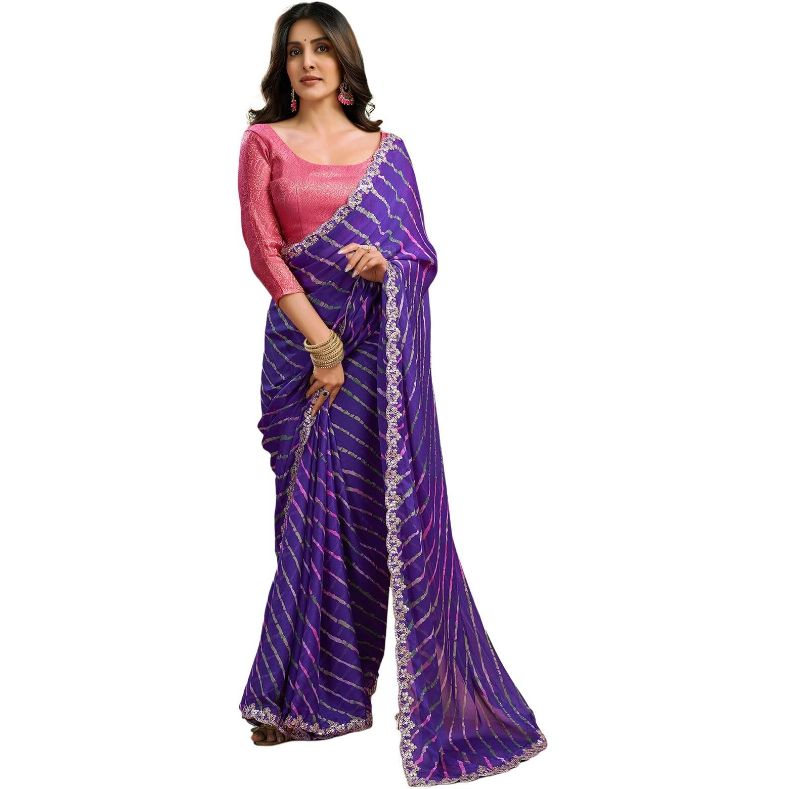 Satrani Women's Chiffon Leheriya Printed Saree with Unstitched Blouse Piece (4011S6287N_Violet)