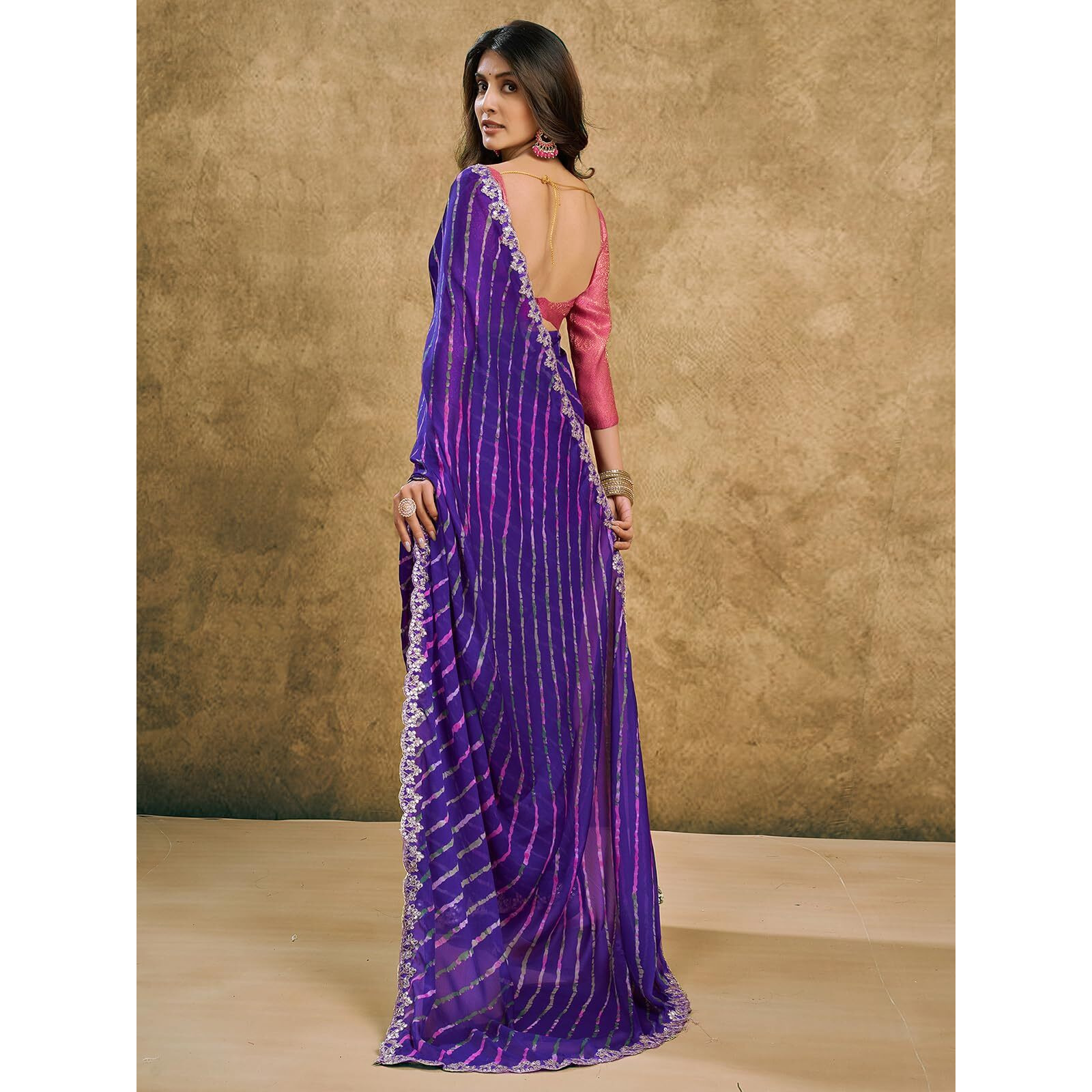 Satrani Women's Chiffon Leheriya Printed Saree with Unstitched Blouse Piece (4011S6287N_Violet)