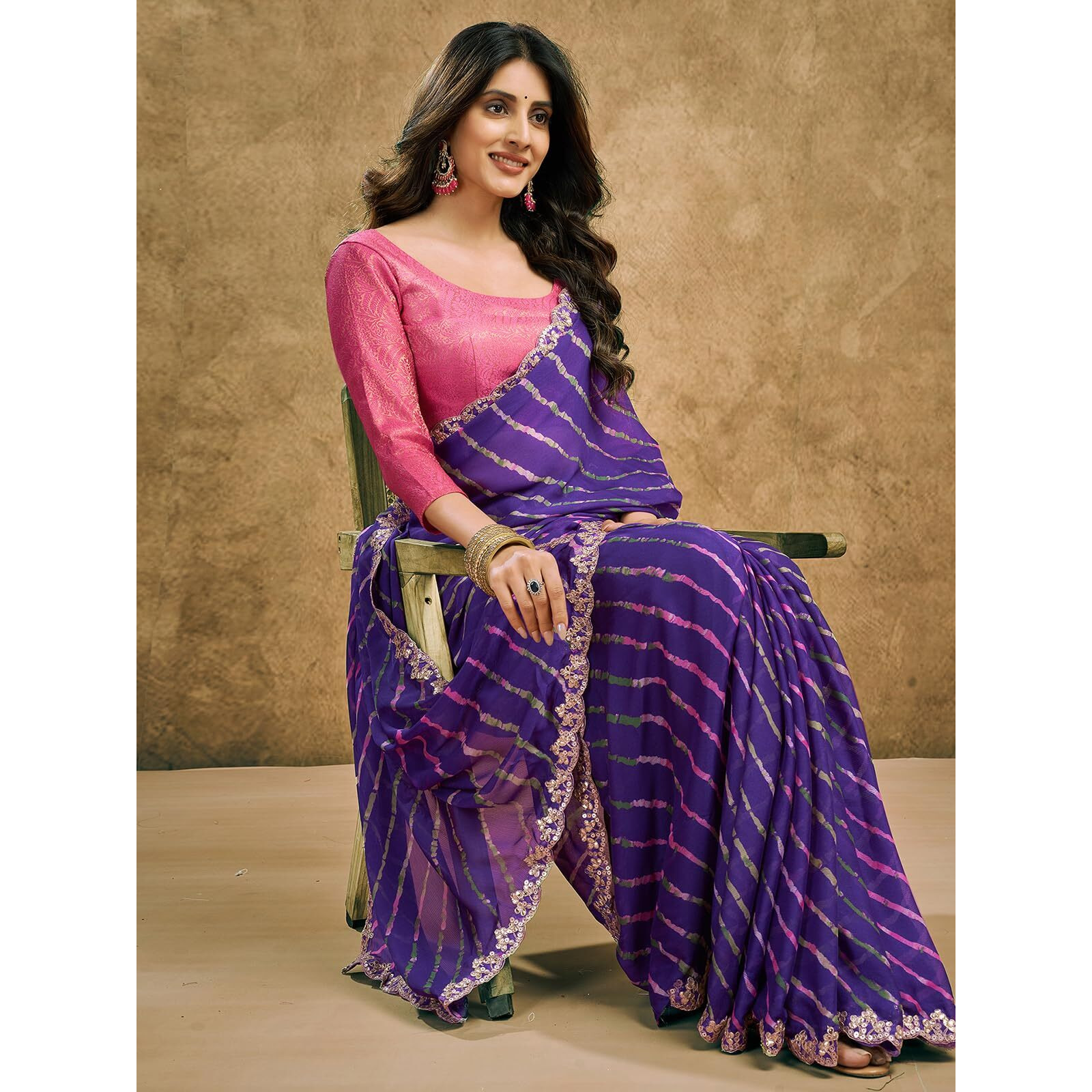 Satrani Women's Chiffon Leheriya Printed Saree with Unstitched Blouse Piece (4011S6287N_Violet)