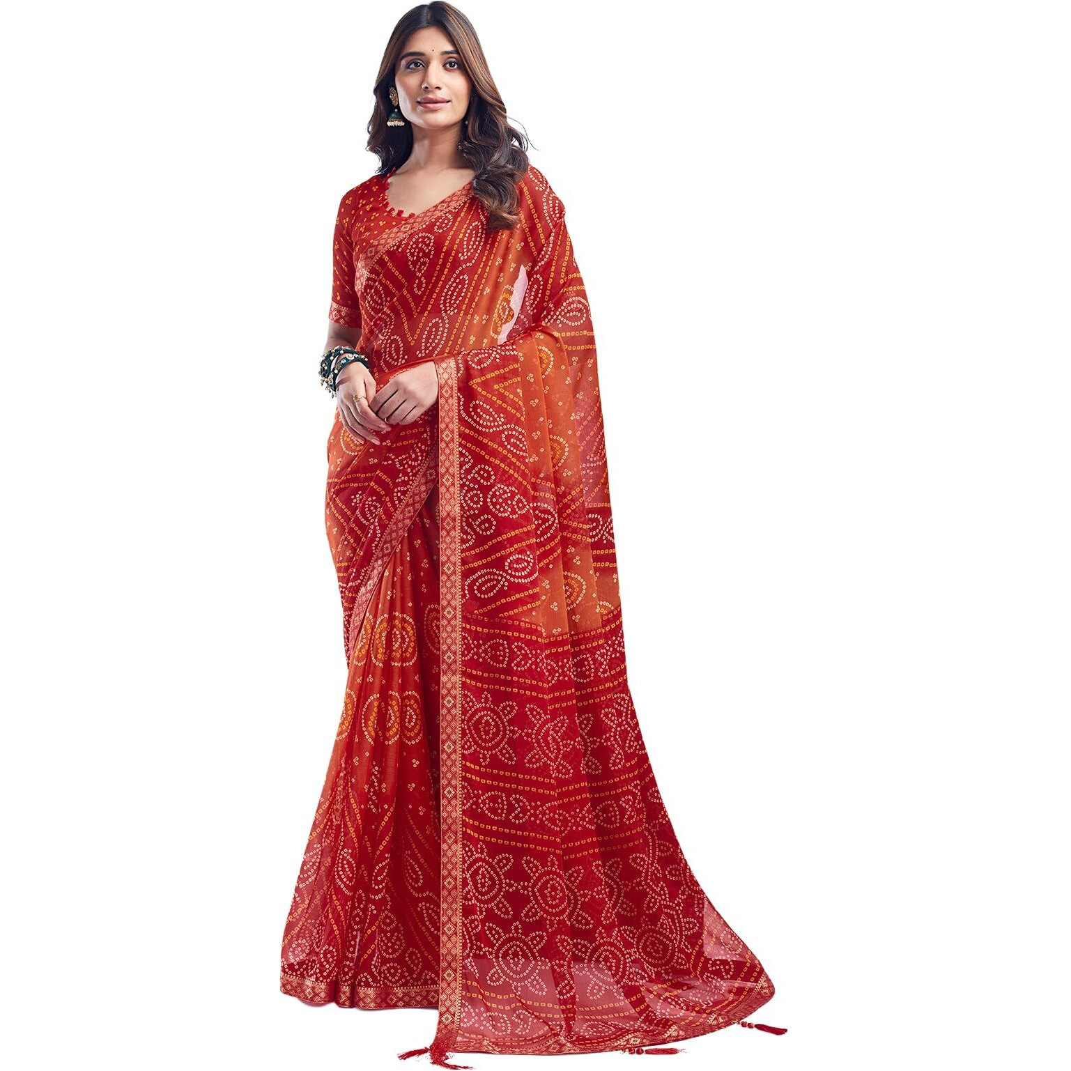 SAMAH Women's Pure Chiffon Saree (3728S2621N_Red & Orange)