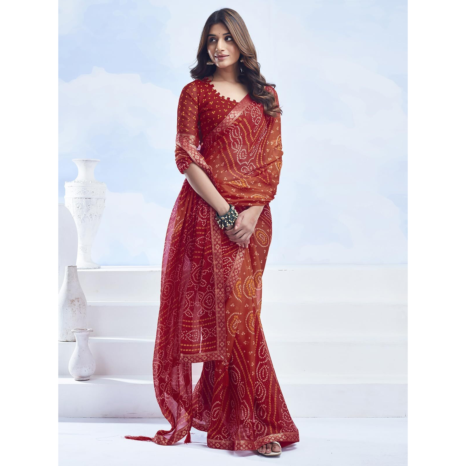 SAMAH Women's Pure Chiffon Saree (3728S2621N_Red & Orange)