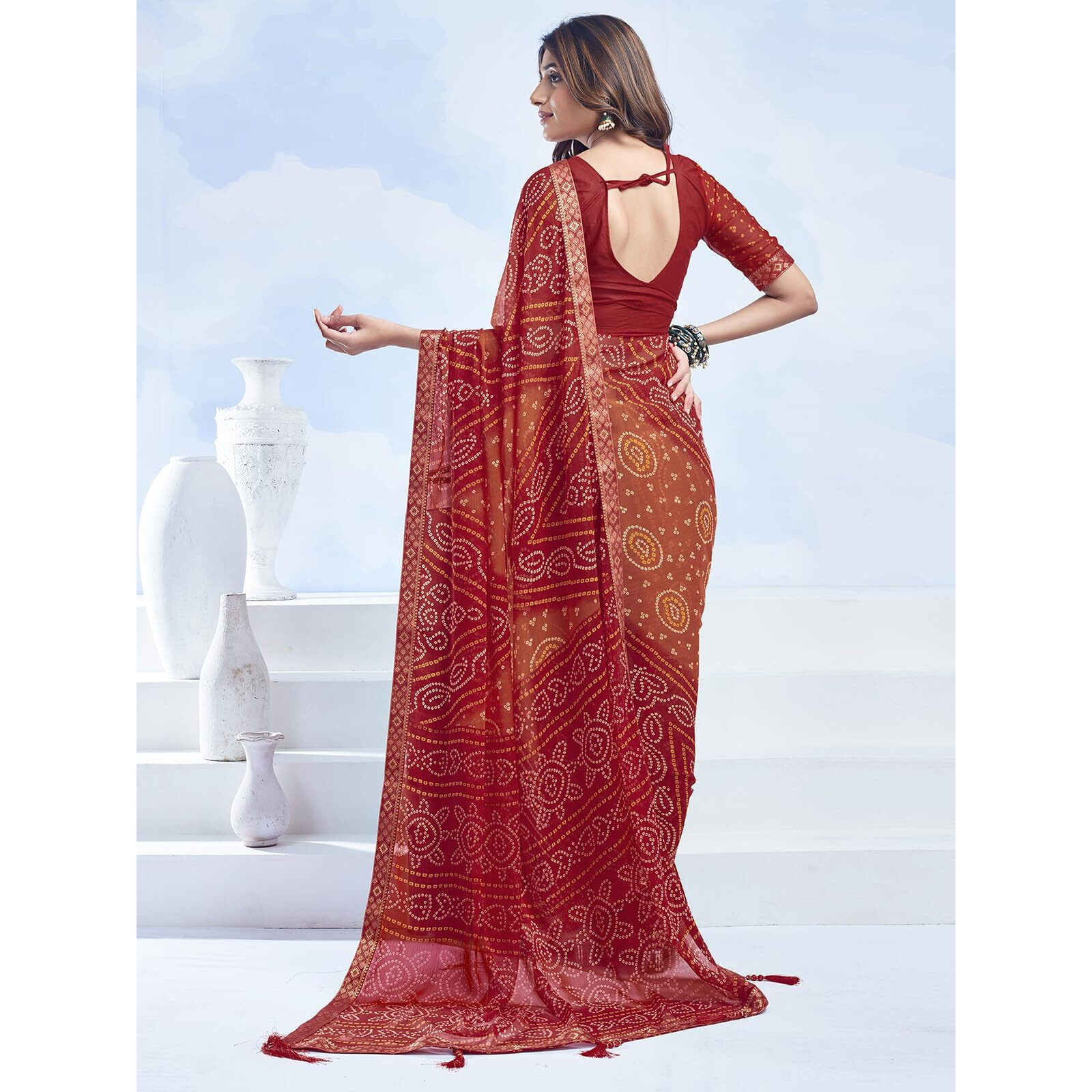 SAMAH Women's Pure Chiffon Saree (3728S2621N_Red & Orange)
