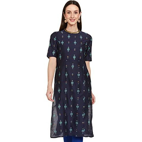 Amazon Brand - Tavasya Women's Polyester Straight Festive Kurti (PAG 154_Inlay Motif (Blue) _2XL)