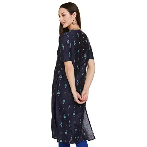 Amazon Brand - Tavasya Women's Polyester Straight Festive Kurti (PAG 154_Inlay Motif (Blue) _2XL)