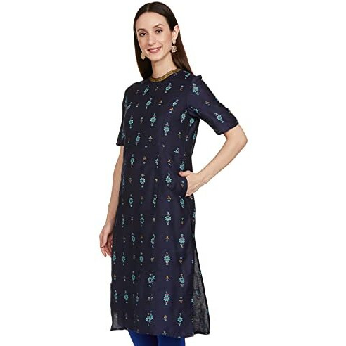 Amazon Brand - Tavasya Women's Polyester Straight Festive Kurti (PAG 154_Inlay Motif (Blue) _2XL)