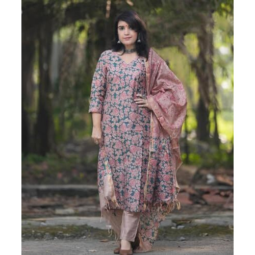 ANNI DESIGNER Women's Cotton Blend Printed Straight Kurta with Pant & Dupatta (Moringa Green_XL_Green_X-Large)