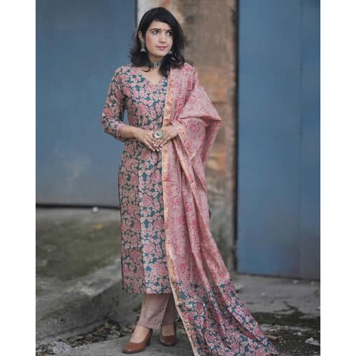 ANNI DESIGNER Women's Cotton Blend Printed Straight Kurta with Pant & Dupatta (Moringa Green_XL_Green_X-Large)