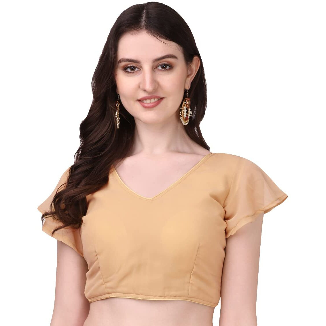 Pujia Mills Women's Georgette Bell Sleeve Readymade Saree Blouse (Chiku)