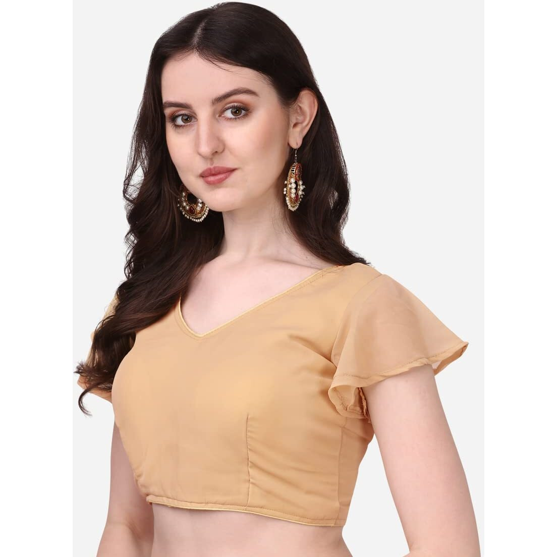 Pujia Mills Women's Georgette Bell Sleeve Readymade Saree Blouse (Chiku)