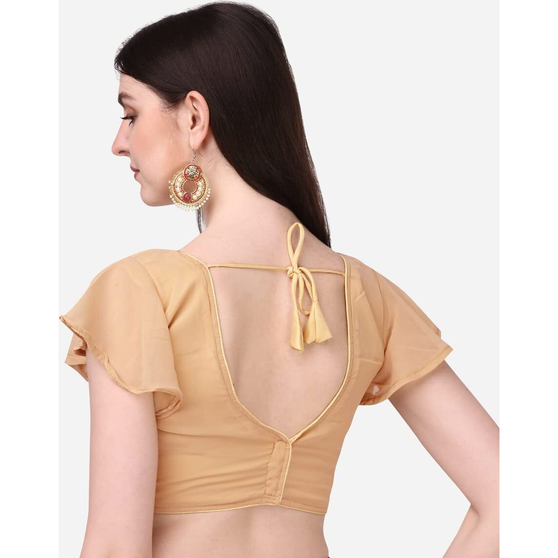 Pujia Mills Women's Georgette Bell Sleeve Readymade Saree Blouse (Chiku)