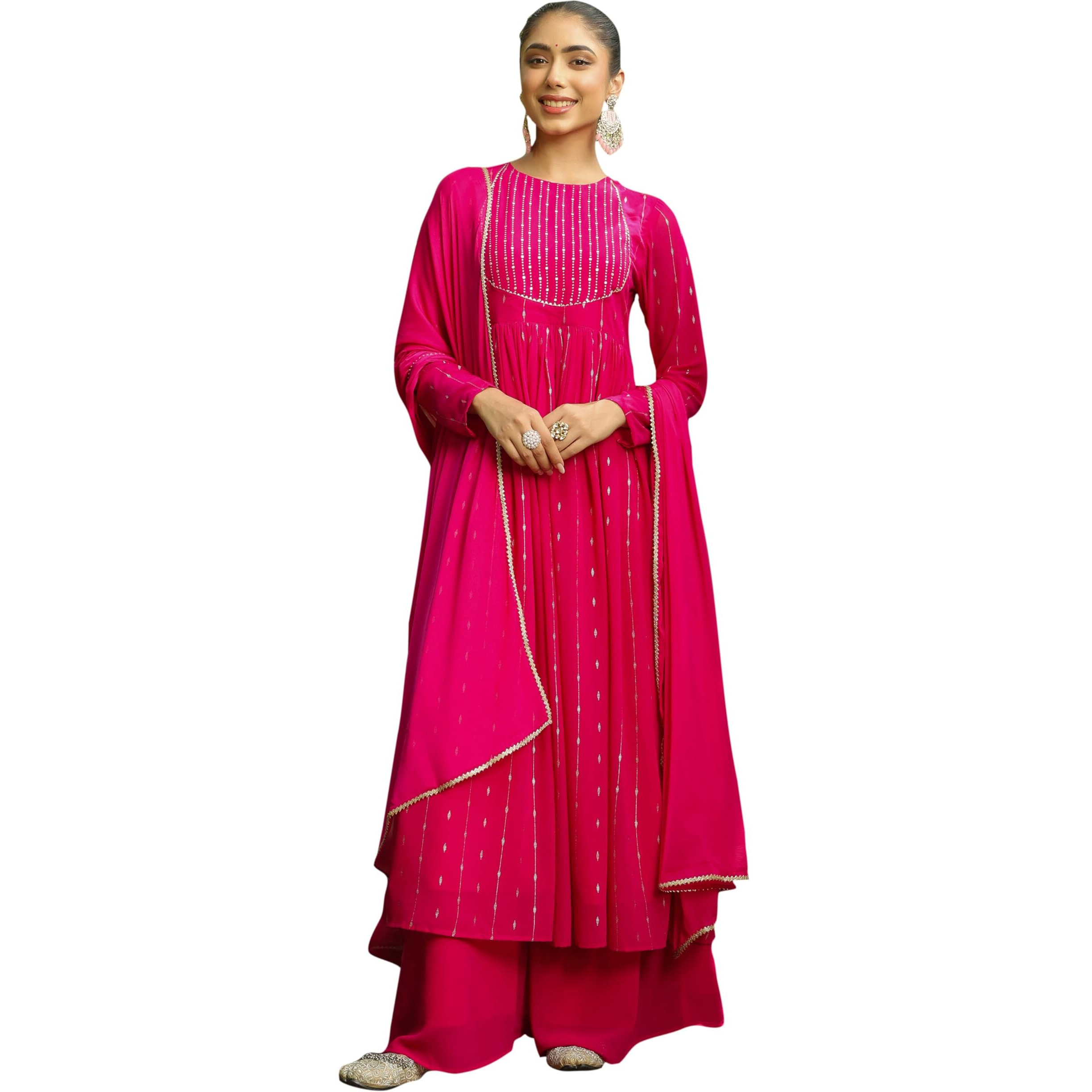 Janasya Women's Pink Georgette Foil Printed Anarkali Kurta Set (JAB24ST00540-XXL)