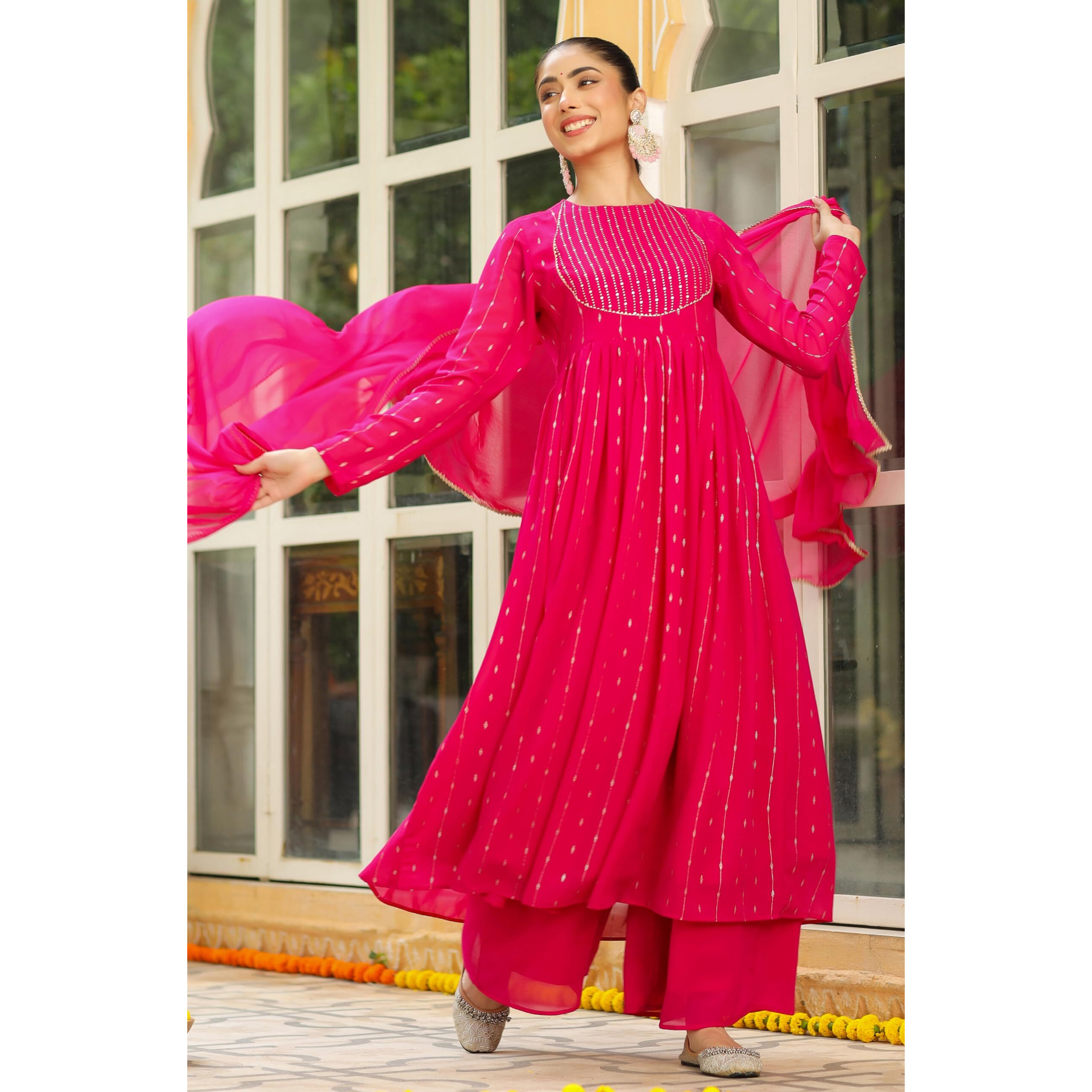 Janasya Women's Pink Georgette Foil Printed Anarkali Kurta Set (JAB24ST00540-XXL)